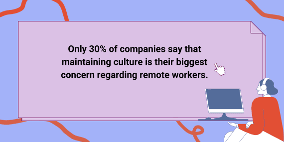 Woman with headphones at a monitor beside a purple note card stating only 30% of companies say maintaining culture is their biggest concern regarding remote workers.