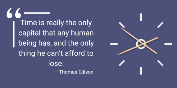Minimalist clock face with wooden hands next to Thomas Edison's quote that time is the only capital a human has and cannot afford to lose.