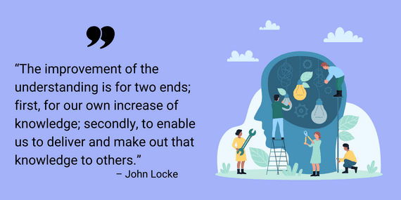 John Locke quote about improving understanding, beside tiny workers tending lightbulbs and gears inside a giant head silhouette.