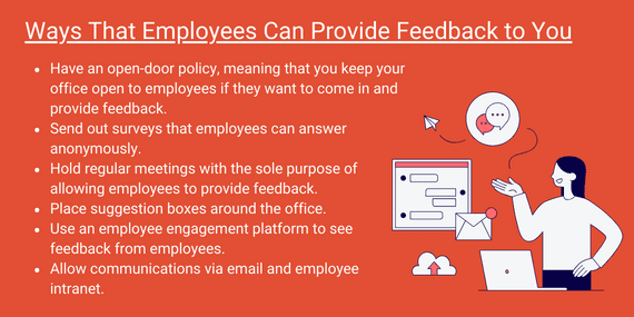 Orange list of six employee feedback channels, including open-door policies, anonymous surveys, meetings, and suggestion boxes.