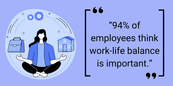 Mujer medita con las piernas cruzadas entre un maletín y una casa, ilustrando la estadística de que el 94% de los empleados considera importante el equilibrio entre trabajo y vida personal.