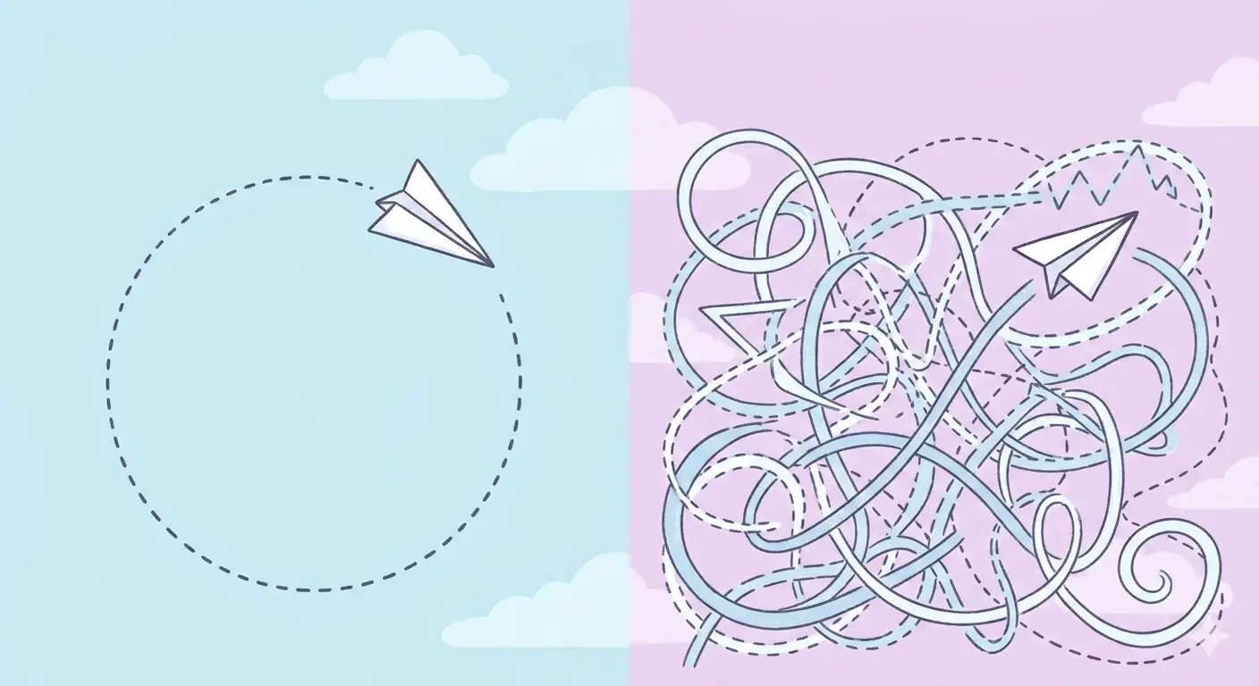 illustration of a paper plane doing a circle on the left and on the right a paper plane swirling around in complexity